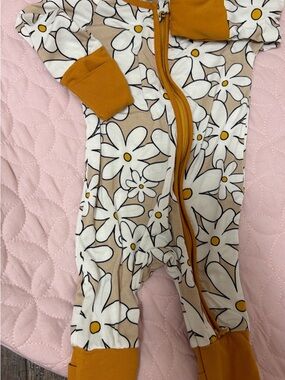 Daisy-Print Kids Footie One-Piece with Mustard Trim